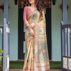 Mustard Yellow with Floral Motifs, Linen Cotton Handloom Printed Saree Architectural Pallu, and Tassels