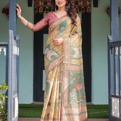Mustard Yellow with Floral Motifs, Linen Cotton Handloom Printed Saree Architectural Pallu, and Tassels