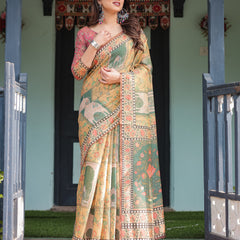 Mustard Yellow with Floral Motifs, Linen Cotton Handloom Printed Saree Architectural Pallu, and Tassels