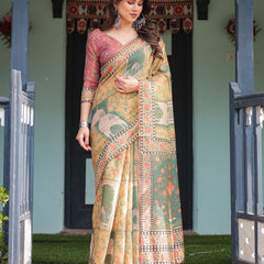 Mustard Yellow with Floral Motifs, Linen Cotton Handloom Printed Saree Architectural Pallu, and Tassels
