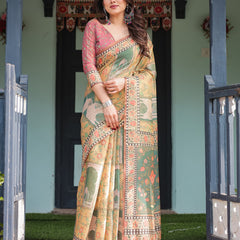 Mustard Yellow with Floral Motifs, Linen Cotton Handloom Printed Saree Architectural Pallu, and Tassels