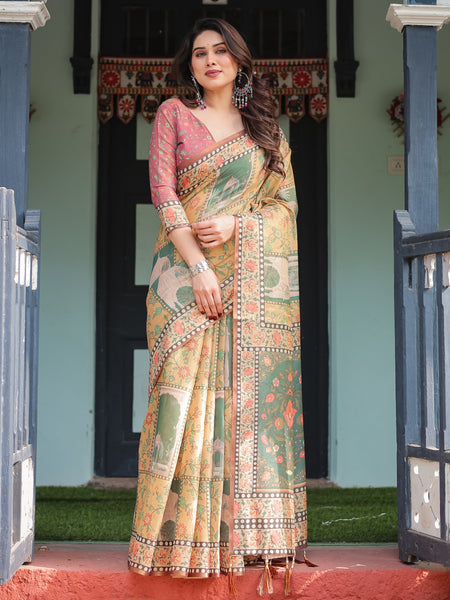 Mustard Yellow with Floral Motifs, Linen Cotton Handloom Printed Saree Architectural Pallu, and Tassels