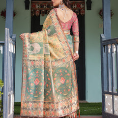 Mustard Yellow with Floral Motifs, Linen Cotton Handloom Printed Saree Architectural Pallu, and Tassels