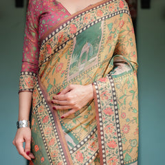 Mustard Yellow with Floral Motifs, Linen Cotton Handloom Printed Saree Architectural Pallu, and Tassels