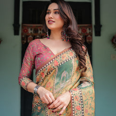 Mustard Yellow with Floral Motifs, Linen Cotton Handloom Printed Saree Architectural Pallu, and Tassels