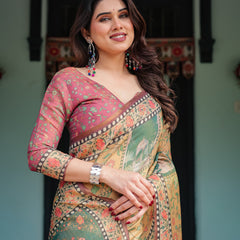 Mustard Yellow with Floral Motifs, Linen Cotton Handloom Printed Saree Architectural Pallu, and Tassels
