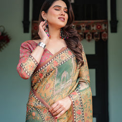 Mustard Yellow with Floral Motifs, Linen Cotton Handloom Printed Saree Architectural Pallu, and Tassels
