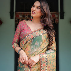Mustard Yellow with Floral Motifs, Linen Cotton Handloom Printed Saree Architectural Pallu, and Tassels