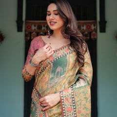 Mustard Yellow with Floral Motifs, Linen Cotton Handloom Printed Saree Architectural Pallu, and Tassels