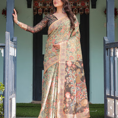 Sage Green with Bold Floral Motifs Linen Cotton Handloom Printed Saree, Vibrant Peacock Pallu, and Tassels