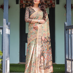 Sage Green with Bold Floral Motifs Linen Cotton Handloom Printed Saree, Vibrant Peacock Pallu, and Tassels