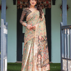 Sage Green with Bold Floral Motifs Linen Cotton Handloom Printed Saree, Vibrant Peacock Pallu, and Tassels