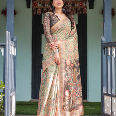 Sage Green with Bold Floral Motifs Linen Cotton Handloom Printed Saree, Vibrant Peacock Pallu, and Tassels