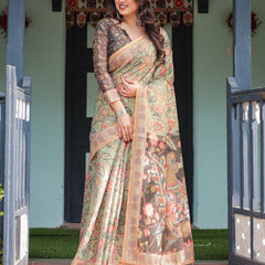 Sage Green with Bold Floral Motifs Linen Cotton Handloom Printed Saree, Vibrant Peacock Pallu, and Tassels
