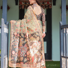 Sage Green with Bold Floral Motifs Linen Cotton Handloom Printed Saree, Vibrant Peacock Pallu, and Tassels