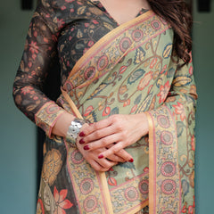 Sage Green with Bold Floral Motifs Linen Cotton Handloom Printed Saree, Vibrant Peacock Pallu, and Tassels