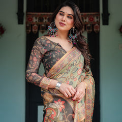 Sage Green with Bold Floral Motifs Linen Cotton Handloom Printed Saree, Vibrant Peacock Pallu, and Tassels