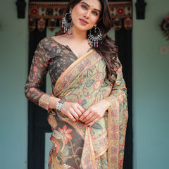Sage Green with Bold Floral Motifs Linen Cotton Handloom Printed Saree, Vibrant Peacock Pallu, and Tassels