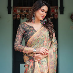 Sage Green with Bold Floral Motifs Linen Cotton Handloom Printed Saree, Vibrant Peacock Pallu, and Tassels