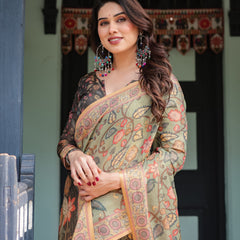 Sage Green with Bold Floral Motifs Linen Cotton Handloom Printed Saree, Vibrant Peacock Pallu, and Tassels