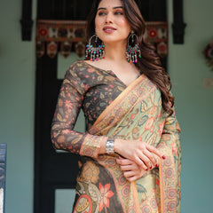 Sage Green with Bold Floral Motifs Linen Cotton Handloom Printed Saree, Vibrant Peacock Pallu, and Tassels