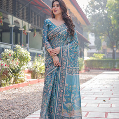 Elegant Aqua Blue Handloom Cotton-Linen Saree with Golden Zari Weave and Tassel Finish