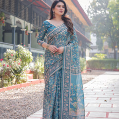 Elegant Aqua Blue Handloom Cotton-Linen Saree with Golden Zari Weave and Tassel Finish