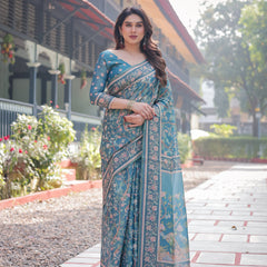 Elegant Aqua Blue Handloom Cotton-Linen Saree with Golden Zari Weave and Tassel Finish