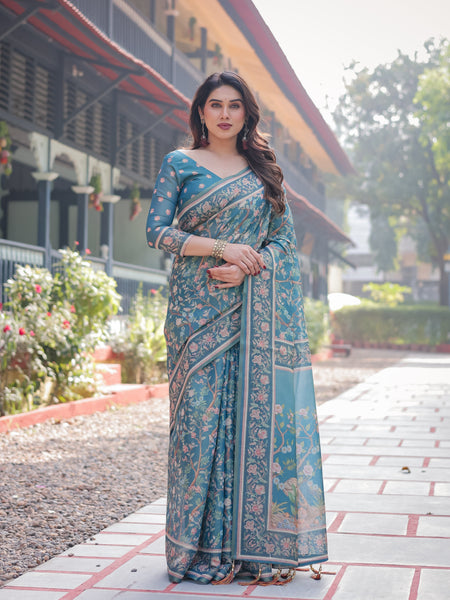 Elegant Aqua Blue Handloom Cotton-Linen Saree with Golden Zari Weave and Tassel Finish