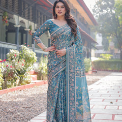 Elegant Aqua Blue Handloom Cotton-Linen Saree with Golden Zari Weave and Tassel Finish
