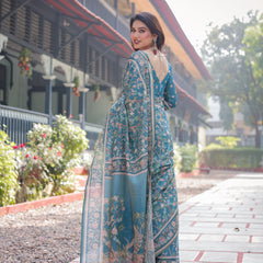 Elegant Aqua Blue Handloom Cotton-Linen Saree with Golden Zari Weave and Tassel Finish