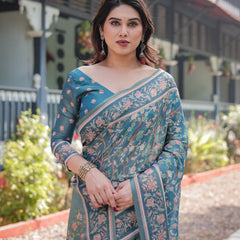 Elegant Aqua Blue Handloom Cotton-Linen Saree with Golden Zari Weave and Tassel Finish
