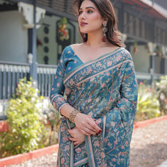 Elegant Aqua Blue Handloom Cotton-Linen Saree with Golden Zari Weave and Tassel Finish