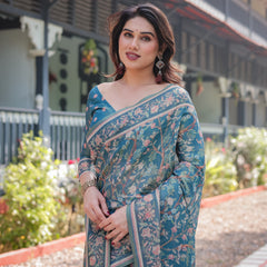 Elegant Aqua Blue Handloom Cotton-Linen Saree with Golden Zari Weave and Tassel Finish