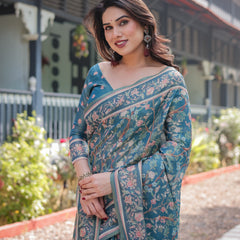Elegant Aqua Blue Handloom Cotton-Linen Saree with Golden Zari Weave and Tassel Finish