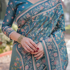 Elegant Aqua Blue Handloom Cotton-Linen Saree with Golden Zari Weave and Tassel Finish