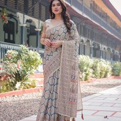 Classic Beige Handloom Cotton-Linen Saree with Madhubani-Inspired Prints and Zari Highlights