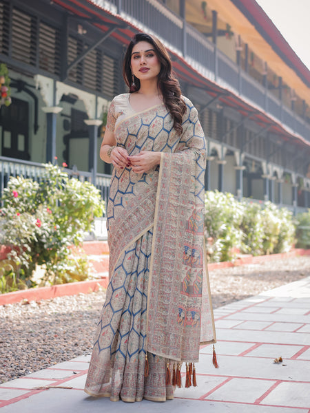 Classic Beige Handloom Cotton-Linen Saree with Madhubani-Inspired Prints and Zari Highlights