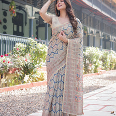 Classic Beige Handloom Cotton-Linen Saree with Madhubani-Inspired Prints and Zari Highlights