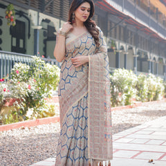 Classic Beige Handloom Cotton-Linen Saree with Madhubani-Inspired Prints and Zari Highlights