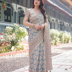 Classic Beige Handloom Cotton-Linen Saree with Madhubani-Inspired Prints and Zari Highlights