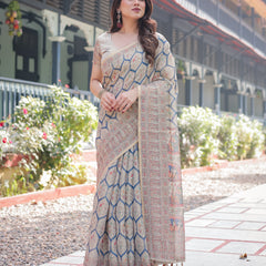 Classic Beige Handloom Cotton-Linen Saree with Madhubani-Inspired Prints and Zari Highlights