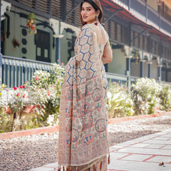 Classic Beige Handloom Cotton-Linen Saree with Madhubani-Inspired Prints and Zari Highlights