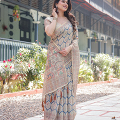 Classic Beige Handloom Cotton-Linen Saree with Madhubani-Inspired Prints and Zari Highlights