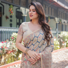Classic Beige Handloom Cotton-Linen Saree with Madhubani-Inspired Prints and Zari Highlights
