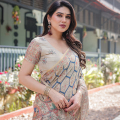 Classic Beige Handloom Cotton-Linen Saree with Madhubani-Inspired Prints and Zari Highlights