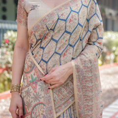 Classic Beige Handloom Cotton-Linen Saree with Madhubani-Inspired Prints and Zari Highlights