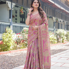Regal Pink Handloom Cotton-Linen Saree with Floral Motifs, Golden Zari Highlights, and Tassel Detailing