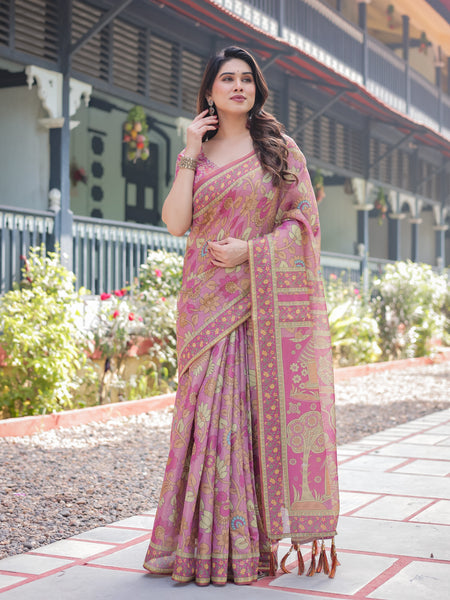 Regal Pink Handloom Cotton-Linen Saree with Floral Motifs, Golden Zari Highlights, and Tassel Detailing