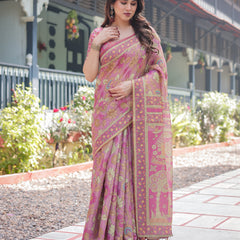 Regal Pink Handloom Cotton-Linen Saree with Floral Motifs, Golden Zari Highlights, and Tassel Detailing